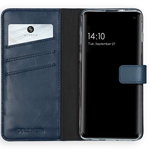 SELENCIA Bookcase Hülle kompatibel mit Samsung Galaxy S10 – Era Leder Handytasche Side Flip Case – Handyhülle aus Rindsleder in Blau [3 Kartenfächer, Magnetverschluss] von SELENCIA