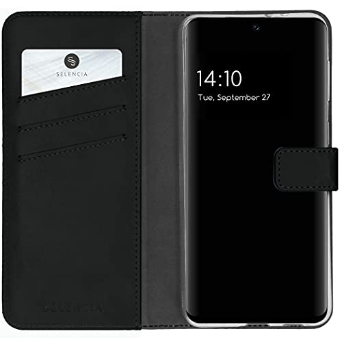 SELENCIA Bookcase Hülle kompatibel mit Samsung Galaxy S21 FE – Era Leder Handytasche Side Flip Case – Handyhülle aus Rindsleder in Schwarz [3 Kartenfächer, Magnetverschluss] von SELENCIA