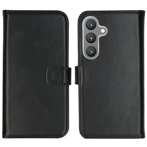 SELENCIA Bookcase Hülle kompatibel mit Samsung Galaxy S24 – Era Leder Handytasche Side Flip Case – Handyhülle aus Rindsleder in Schwarz [3 Kartenfächer, Magnetverschluss] von SELENCIA