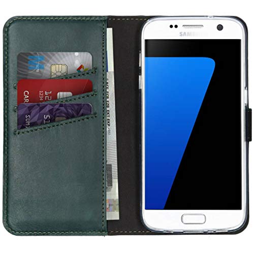 SELENCIA Bookcase Hülle kompatibel mit Samsung Galaxy S7 – Era Leder Handytasche Side Flip Case – Handyhülle aus Rindsleder in Grün [3 Kartenfächer, Magnetverschluss] von SELENCIA