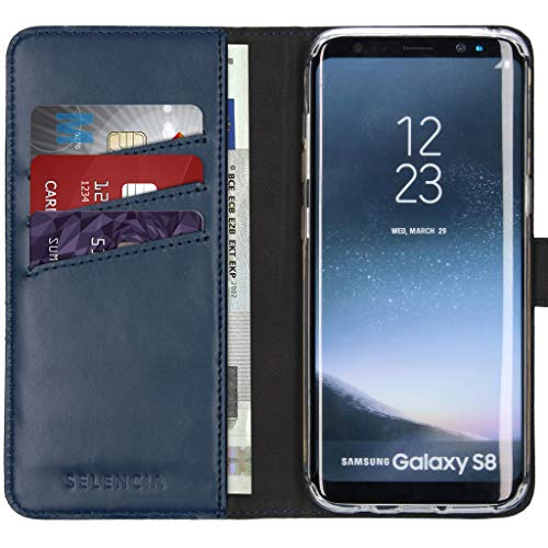 SELENCIA Bookcase Hülle kompatibel mit Samsung Galaxy S8 – Era Leder Handytasche Side Flip Case – Handyhülle aus Rindsleder in Blau [3 Kartenfächer, Magnetverschluss] von SELENCIA