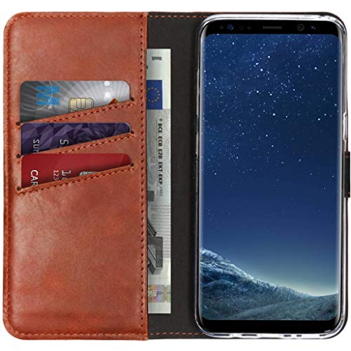 SELENCIA Bookcase Hülle kompatibel mit Samsung Galaxy S8 – Era Leder Handytasche Side Flip Case – Handyhülle aus Rindsleder in Braun [3 Kartenfächer, Magnetverschluss] von SELENCIA