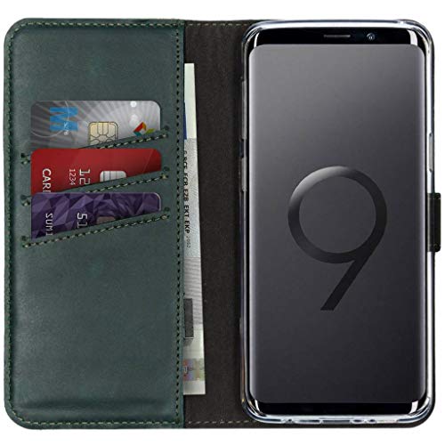 SELENCIA Bookcase Hülle kompatibel mit Samsung Galaxy S9 – Era Leder Handytasche Side Flip Case – Handyhülle aus Rindsleder in Grün [3 Kartenfächer, Magnetverschluss] von SELENCIA