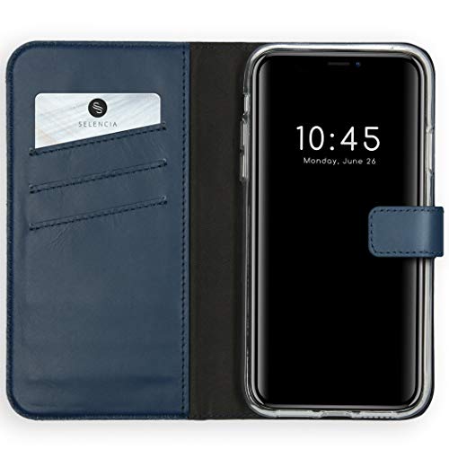 SELENCIA Bookcase Hülle kompatibel mit iPhone 11 – Era Leder Handytasche Side Flip Case – Handyhülle aus Rindsleder in Blau [3 Kartenfächer, Magnetverschluss] von SELENCIA