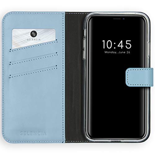 SELENCIA Bookcase Hülle kompatibel mit iPhone 11 – Era Leder Handytasche Side Flip Case – Handyhülle aus Rindsleder in Hellblau [3 Kartenfächer, Magnetverschluss] von SELENCIA
