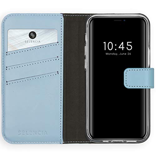 SELENCIA Bookcase Hülle kompatibel mit iPhone 12 Mini – Era Leder Handytasche Side Flip Case – Handyhülle aus Rindsleder in Hellblau [3 Kartenfächer, Magnetverschluss] von SELENCIA
