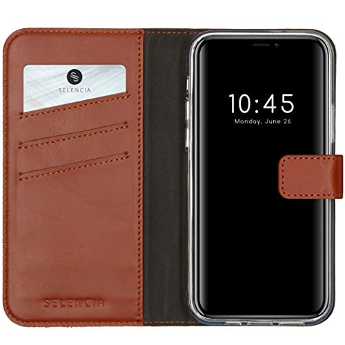 SELENCIA Bookcase Hülle kompatibel mit iPhone 12 Pro, iPhone 12 – Era Leder Handytasche Side Flip Case – Handyhülle aus Rindsleder in Hellbraun [3 Kartenfächer, Magnetverschluss] von SELENCIA
