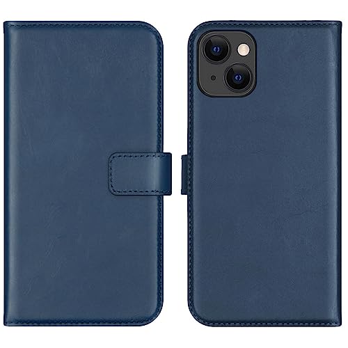 SELENCIA Bookcase Hülle kompatibel mit iPhone 13 – Era Leder Handytasche Side Flip Case – Handyhülle aus Rindsleder in Blau [3 Kartenfächer, Magnetverschluss] von SELENCIA