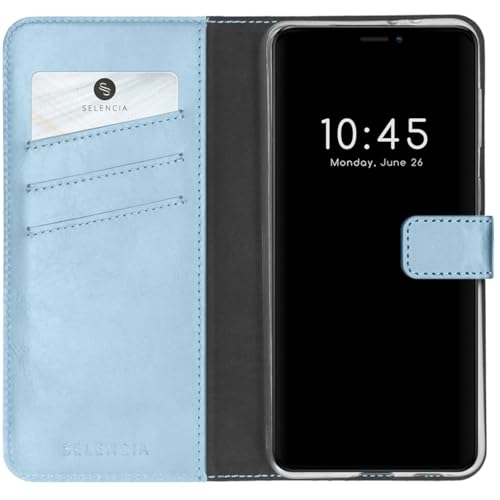 SELENCIA Bookcase Hülle kompatibel mit iPhone 13 Mini – Era Leder Handytasche Side Flip Case – Handyhülle aus Rindsleder in Hellblau [3 Kartenfächer, Magnetverschluss] von SELENCIA