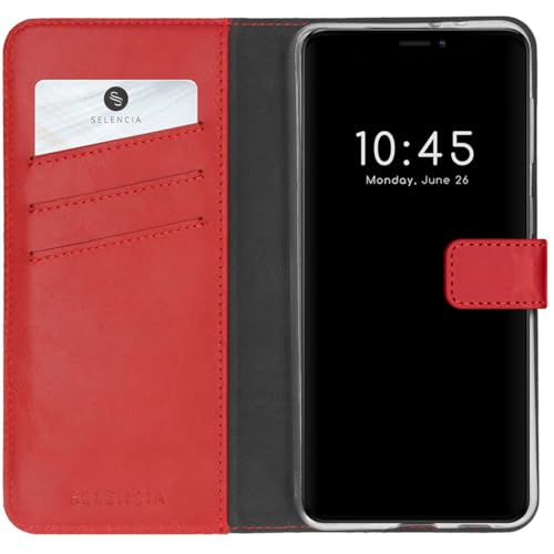 SELENCIA Booktype Hülle kompatibel mit iPhone 13 Mini – Era Leder Handytasche Side Flip Case – Handyhülle aus Rindsleder in Rot [3 Kartenfächer, Magnetverschluss] von SELENCIA