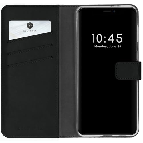 SELENCIA Bookcase Hülle kompatibel mit iPhone 13 Pro – Era Leder Handytasche Side Flip Case – Handyhülle aus Rindsleder in Schwarz [3 Kartenfächer, Magnetverschluss] von SELENCIA