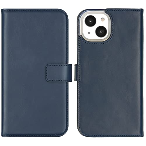 SELENCIA Bookcase Hülle kompatibel mit iPhone 14 – Era Leder Handytasche Side Flip Case – Handyhülle aus Rindsleder in Blau [3 Kartenfächer, Magnetverschluss] von SELENCIA
