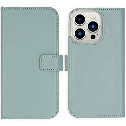 SELENCIA Bookcase Hülle kompatibel mit iPhone 14 Pro – Era Leder Handytasche Side Flip Case – Handyhülle aus Rindsleder in Hellblau [3 Kartenfächer, Magnetverschluss] von SELENCIA