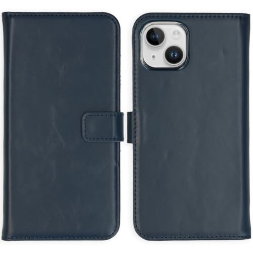 SELENCIA Bookcase Hülle kompatibel mit iPhone 15 – Era Leder Handytasche Side Flip Case – Handyhülle aus Rindsleder in Blau [3 Kartenfächer, Magnetverschluss] von SELENCIA