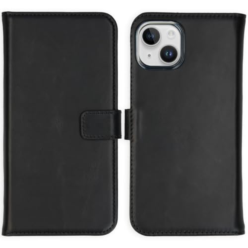 SELENCIA Bookcase Hülle kompatibel mit iPhone 15 – Era Leder Handytasche Side Flip Case – Handyhülle aus Rindsleder in Schwarz [3 Kartenfächer, Magnetverschluss] von SELENCIA