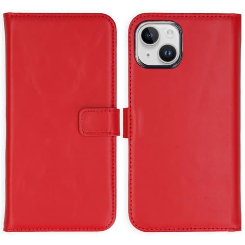 SELENCIA Bookcase Hülle kompatibel mit iPhone 15 Plus – Era Leder Handytasche Side Flip Case – Handyhülle aus Rindsleder in Rot [3 Kartenfächer, Magnetverschluss] von SELENCIA
