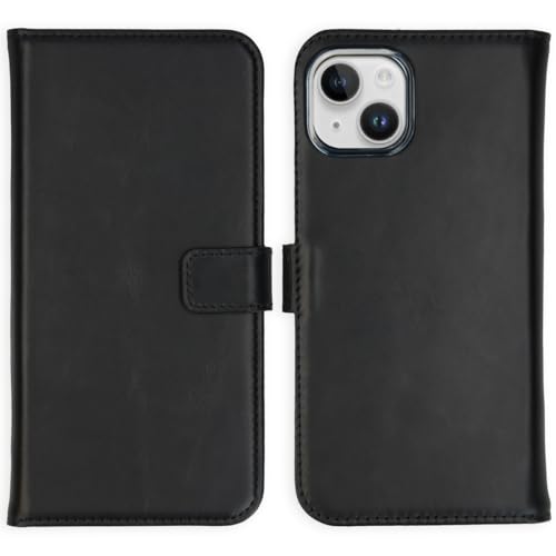 SELENCIA Bookcase Hülle kompatibel mit iPhone 15 Plus – Era Leder Handytasche Side Flip Case – Handyhülle aus Rindsleder in Schwarz [3 Kartenfächer, Magnetverschluss] von SELENCIA