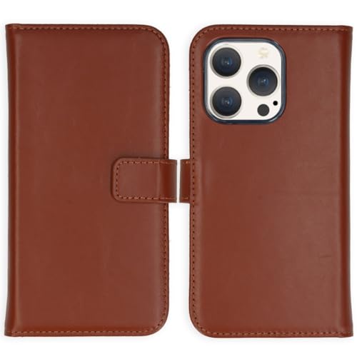 SELENCIA Bookcase Hülle kompatibel mit iPhone 15 Pro – Era Leder Handytasche Side Flip Case – Handyhülle aus Rindsleder in Hellbraun [3 Kartenfächer, Magnetverschluss] von SELENCIA