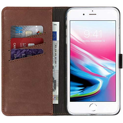 SELENCIA Bookcase Hülle kompatibel mit iPhone 8 Plus, iPhone 7 Plus – Era Leder Handytasche Side Flip Case – Handyhülle aus Rindsleder in Braun [3 Kartenfächer, Magnetverschluss] von SELENCIA