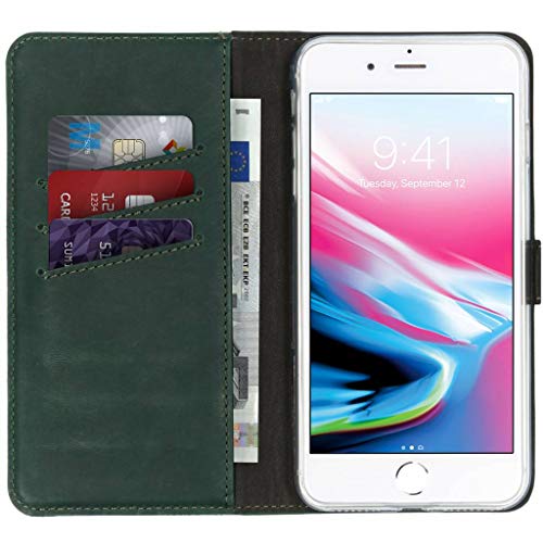 SELENCIA Bookcase Hülle kompatibel mit iPhone 8 Plus, iPhone 7 Plus – Era Leder Handytasche Side Flip Case – Handyhülle aus Rindsleder in Grün [3 Kartenfächer, Magnetverschluss] von SELENCIA