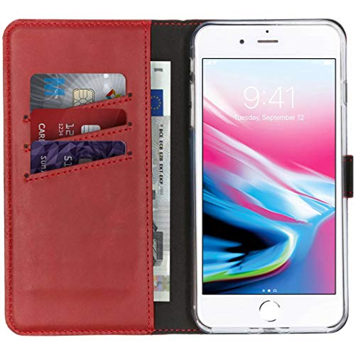 SELENCIA Bookcase Hülle kompatibel mit iPhone 8 Plus, iPhone 7 Plus – Era Leder Handytasche Side Flip Case – Handyhülle aus Rindsleder in Rot [3 Kartenfächer, Magnetverschluss] von SELENCIA