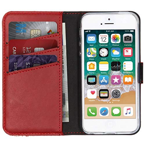 SELENCIA Bookcase Hülle kompatibel mit iPhone SE (2016), iPhone 5 / 5s – Era Leder Handytasche Side Flip Case – Handyhülle aus Rindsleder in Rot [3 Kartenfächer, Magnetverschluss] von SELENCIA