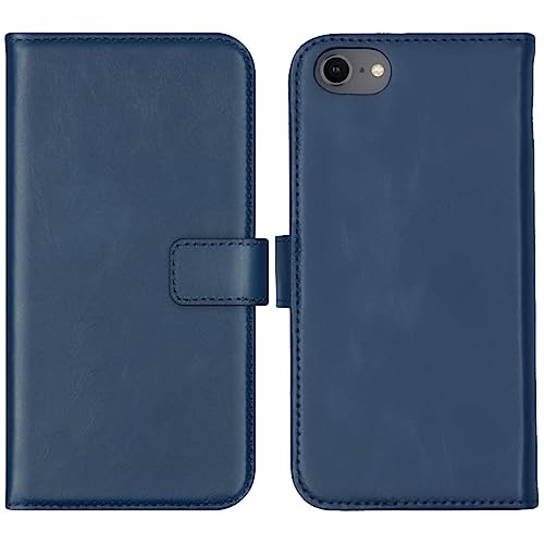 SELENCIA Bookcase Hülle kompatibel mit iPhone SE (2020)/8/7/6 – Era Leder Handytasche Side Flip Case – Handyhülle aus Rindsleder in Blau [3 Kartenfächer, Magnetverschluss] von SELENCIA