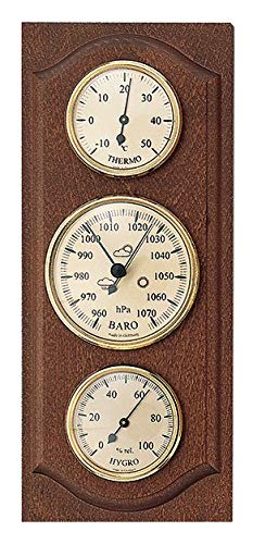 SELVA Wetterinstrument, Wetterstation – mechanisch, analog – Nussbaum – für außen – mit Thermometer, Barometer und Hygrometer (Maße: 280 x 120 mm) von SELVA