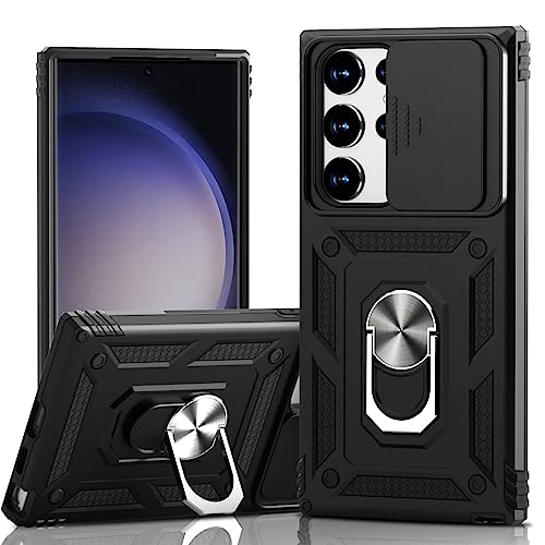 Handyhülle für Samsung Galaxy S23 Ultra Militärschutz Stoßfeste Schutzhülle Galaxy S23 Ultra Hülle mit Kameraschutz 360° Drehbarer Metall Ring Ständer Stoßfest S23 Ultra 5G Case Cover (Schwarz) von SENAOL