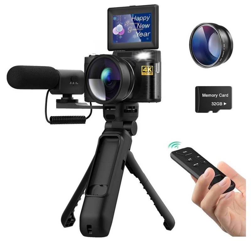 HT V01 4K Videokamera Camcorder Digitalkamera Kompaktkamera (48 MP, inkl. mit Stativ und Mikrofon, 16x Digitalzoom Vlogging Kamera mit 180° Flip 3.0" Bildschirm) von HT