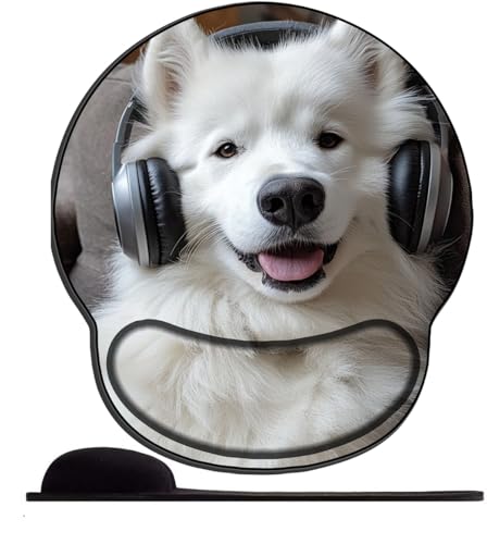 SENDJJ Mauspad mit Handgelenkstütze Weißer süßer Hund mit Kopfhörern Ergonomische Handgelenkauflage bequemes Anti-Rutsch-Handgelenkpolster für Computer und Büro-25x23 SENDJJ Mauspad mit Handgelenkstütze Weißer süßer Hund mit Kopfhörern Ergonomische Handgelenkauflage bequemes Anti-Rutsch-Handgelenkpolster für Computer und Büro-25x23 von SENDJJ