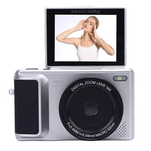 4K Digitalkamera für Fotografie, 16 -facher Zoom Retro Spiegelloser Videokamcorder mit 180 ° Flip Bildschirm, 64MP HD Autofokus -Selfie -Kamera für die Reise (Silver) von SENECESLI