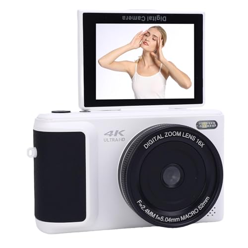 SENECESLI 4K Digitalkamera für Fotografie, 16 -facher Zoom Retro Spiegelloser Videokamcorder mit 180 ° Flip Bildschirm, 64MP HD Autofokus -Selfie -Kamera für die Reise (White) von SENECESLI