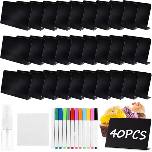 SENENQU 40 Stück Klein Kreidetafel zum Beschriften mit Stift, L-Form Mini Kreidetafeln Schilder, Kunststoff Buffet Schilder Preisschilder Aufsteller zum Beschriften für Buffet, Bäckerei, Party von SENENQU