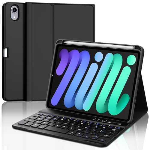 SENGBIRCH Hülle mit Tastatur für Mini 7 (A17Pro) 8.3" 2024 - Magnetisch abnehmbar mit Deutsches QWERTZ Layout Tastatur, Soft TPU und Leder hülle mit Pencil Halter für Mini 6, Schwarz von SENGBIRCH