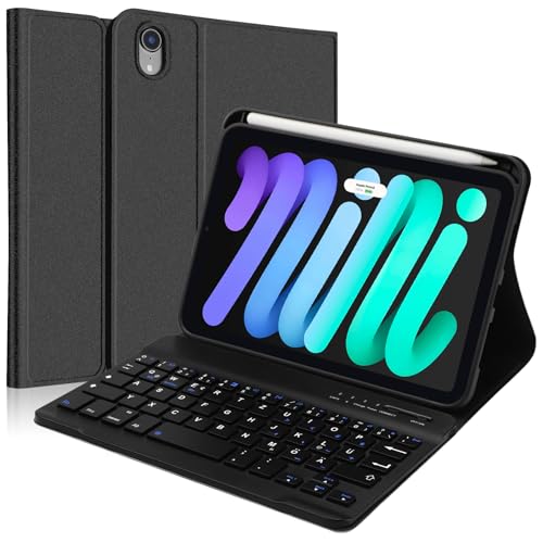 SENGBIRCH Hülle mit Tastatur für iPad Mini 7 (A17Pro) 8.3" 2024 - QWERTZ Deutsche Abnehmbare Bluetooth Wireless Tastatur für iPad Mini 6 8.3 Zoll, Schwarz von SENGBIRCH