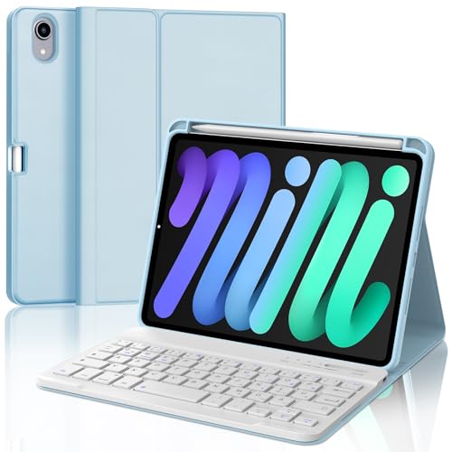 SENGBIRCH Hülle mit Tastatur für iPad Mini 7 (A17Pro) 8.3" 2024 - QWERTZ Deutsche Tastatur Abnehmbare Bluetooth Wireless Tastatur für iPad Mini 6 8.3 Zoll, Hellblau von SENGBIRCH