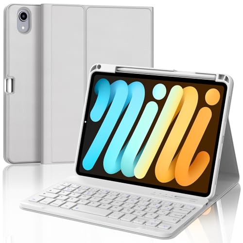 SENGBIRCH Hülle mit Tastatur für iPad Mini 7 (A17Pro) 8.3" 2024 - QWERTZ Deutsche Tastatur Abnehmbare Bluetooth Wireless Tastatur für iPad Mini 6 8.3 Zoll, Hellgrau von SENGBIRCH