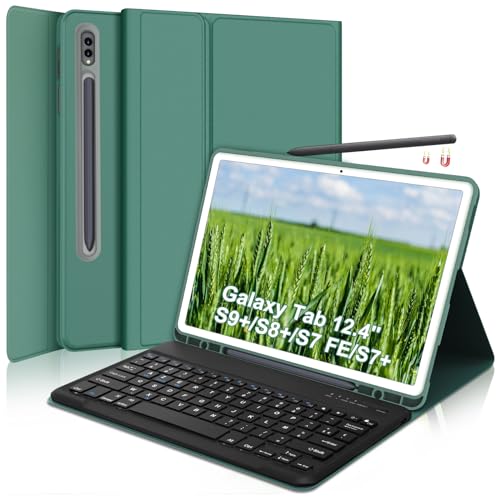 SENGBIRCH Schutzhülle mit Tastatur für Samsung Tab S9 FE+/S9 Plus 12,4 Zoll (30,6 cm) – Bluetooth-Tastatur (AZERTY Französisch), abnehmbare kabellose Tastatur, Dunkelgrün von SENGBIRCH