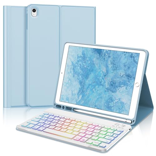 SENGBIRCH Tastaturhülle für iPad 9/8/7. Gen, 10,2 Zoll (25,6 cm), französisches AZERTY-Tastatur, 7 Farben, Bluetooth, abnehmbar, kabellos, Schutzhülle für iPad Air 3 10,5 Zoll, Hellblau von SENGBIRCH