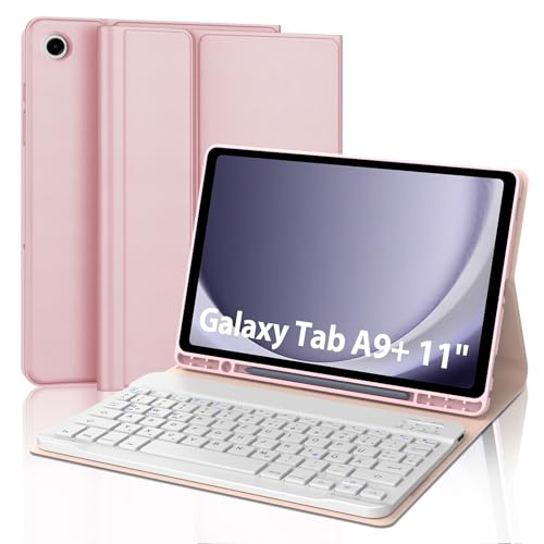 SENGBIRCH Tastatur Hülle für Samsung Galaxy Tab A9 Plus 11'' 2023 - QWERTZ Deutsche Tastatur Abnehmbare Bluetooth Wireless Tastatur für Galaxy Tab A9+ 11'' 2023 (SM-X210/X216/X218), Hellrosa von SENGBIRCH