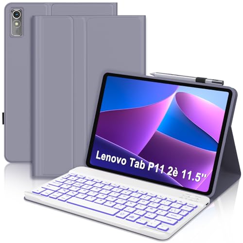 SENGBIRCH Tastaturhülle für Lenovo Tab P11 Plus 11,5 Zoll (29,7 cm) – Französische AZERTY-Tastatur mit Hintergrundbeleuchtung in 7 Farben, abnehmbar, kabellos, Bluetooth, für Lenovo Tab P11 Plus 11 von SENGBIRCH