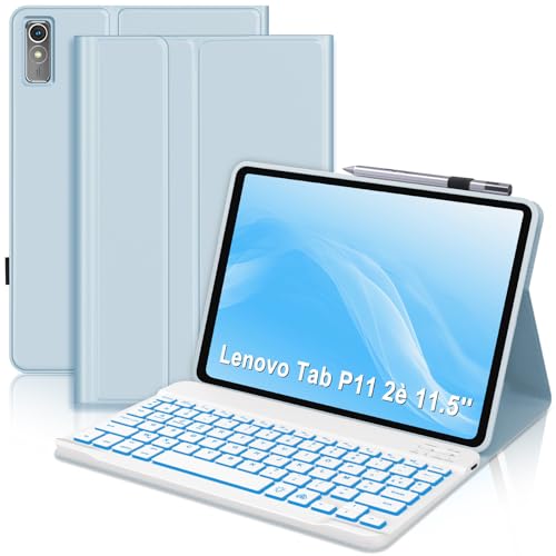 SENGBIRCH Tastaturhülle für Lenovo Tab P11 Plus 11,5 Zoll (29,7 cm) – Französische AZERTY-Tastatur mit Hintergrundbeleuchtung in 7 Farben, abnehmbar, kabellos, Bluetooth, für Lenovo Tab P11 Plus 11 von SENGBIRCH
