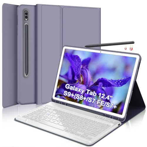 SENGBIRCH Tastaturhülle für Samsung Tab S9 FE+/ S9 Plus 12,4 Zoll – Bluetooth-Tastatur (AZERTY), abnehmbare kabellose Tastatur, Violett von SENGBIRCH