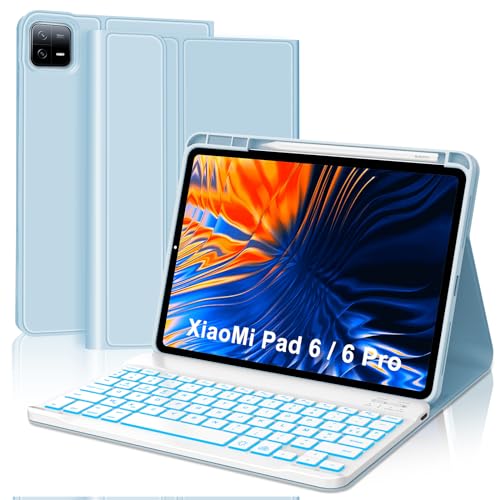 SENGBIRCH Tastaturhülle für Xiaomi Pad 6/6 Pro 11 Zoll 2023 – Französische AZERTY-Tastatur mit Hintergrundbeleuchtung 7 Farben, abnehmbar, kabellos, Bluetooth, für Xiaomi Pad 6/6 Pro 11 Zoll, Hellblau von SENGBIRCH