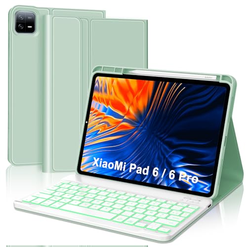 SENGBIRCH Tastaturhülle für Xiaomi Pad 6/6 Pro 11 Zoll 2023 – Französische AZERTY-Tastatur mit Hintergrundbeleuchtung 7 Farben, abnehmbar, kabellos, Bluetooth, für Xiaomi Pad 6/6 Pro 11 Zoll, Hellgrün von SENGBIRCH