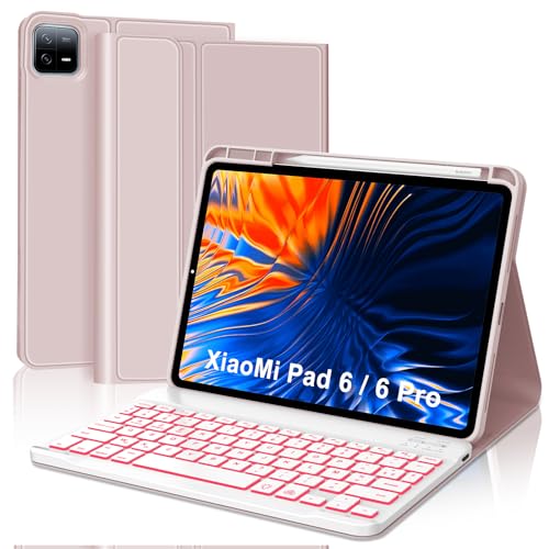 SENGBIRCH Tastaturhülle für Xiaomi Pad 6/6 Pro 11 Zoll 2023 – Französische AZERTY-Tastatur mit Hintergrundbeleuchtung 7 Farben, abnehmbar, kabellos, Bluetooth, für Xiaomi Pad 6/6 Pro 11 Zoll, Hellrosa von SENGBIRCH