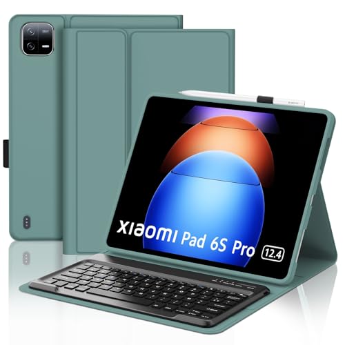 SENGBIRCH Tastaturhülle für Xiaomi Pad 6s Pro 12,4 Zoll 2024 – Französische AZERTY-Tastatur mit Schlitz für Eingabestift, abnehmbar, kabellos, Bluetooth, für Xiaomi Pad 6s Pro 12,4 Zoll, Dunkelgrün von SENGBIRCH