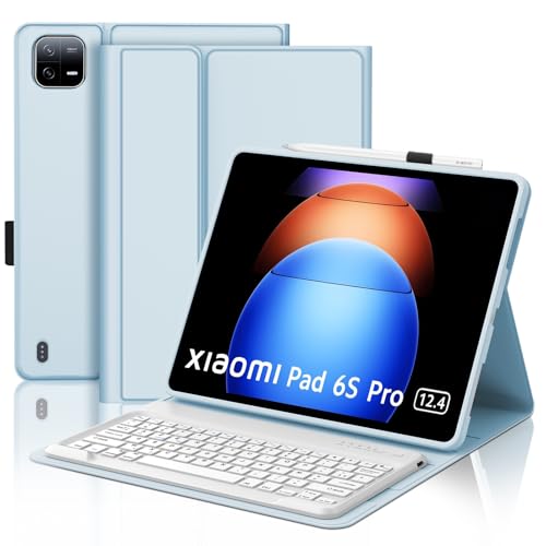 SENGBIRCH Tastaturhülle für Xiaomi Pad 6s Pro 12,4 Zoll 2024 – Französische AZERTY-Tastatur mit Schlitz für Eingabestift, abnehmbar, kabellos, Bluetooth, für Xiaomi Pad 6s Pro 12,4 Zoll, Hellblau von SENGBIRCH