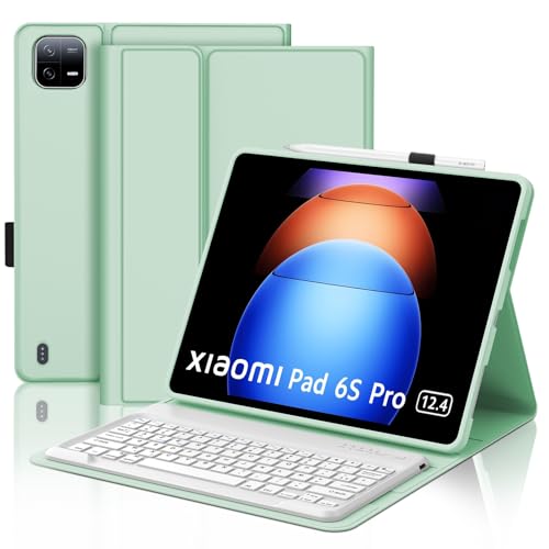 SENGBIRCH Tastaturhülle für Xiaomi Pad 6s Pro 12,4 Zoll 2024 – Französische AZERTY-Tastatur mit Schlitz für Eingabestift, abnehmbar, kabellos, Bluetooth, für Xiaomi Pad 6s Pro 12,4 Zoll, Hellgrün von SENGBIRCH